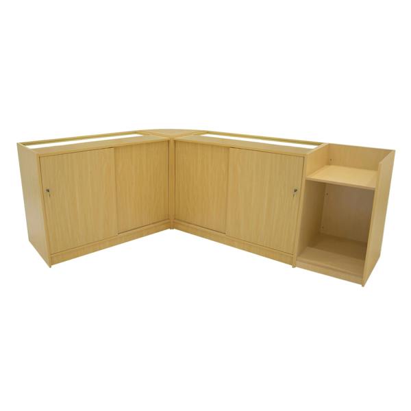 Polaris LED Shop Counter Set in maple finish, featuring a sleek design with storage cabinets and open shelving for display