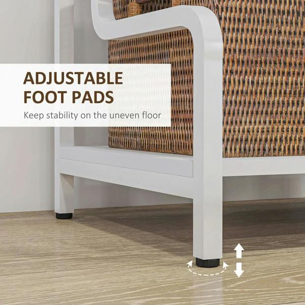 White printer stand with adjustable foot pads on corner legs for stability