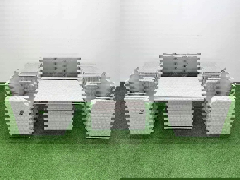 Fimous PE Rattan Garden Furniture Set Reclining Chair Sofa Lounge Sofa Set Adjustable Lifting Dining or Coffee Table 2 Side Table Light Grey