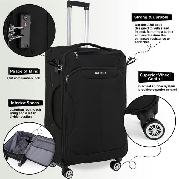 Infinity Luggage Soft Cabin Suitcase 36.5 x 23.5 x 58 cm Nylon 900D Suitable Integrated TSA Lock for Easyjet, Ryanair, Wizzair