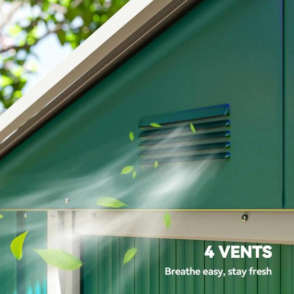Green metal shed with four vent openings for airflow near the roofline