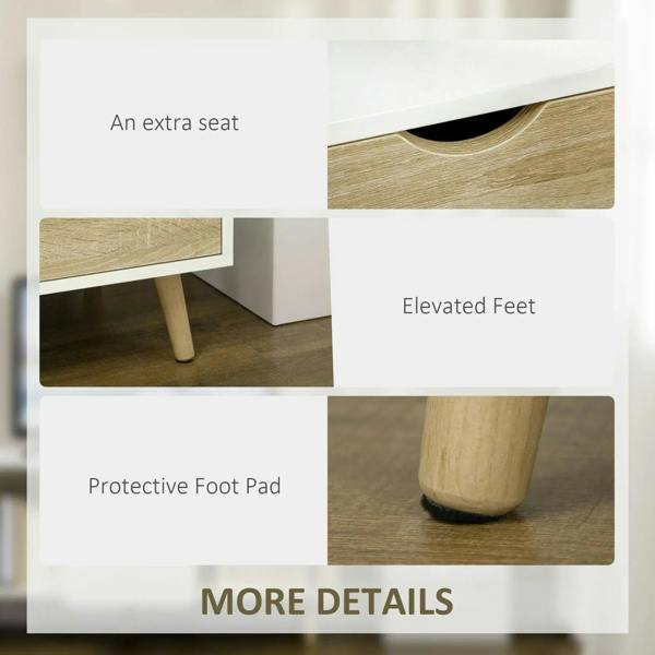 TV stand with elevated legs and protective foot pads, natural wood-effect finish.