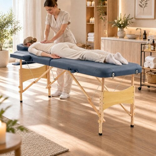 HOMCOM Wooden Folding Spa Beauty Massage Table w/ 2 Sections, Dark Blue