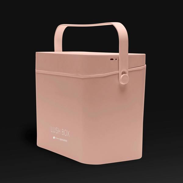 The Rio Lush Box Vanity Case - Large is a minimalist, pale pink beauty storage box with a curved handle, rounded edges, and LUSH BOX on the front, shown against a plain black background.