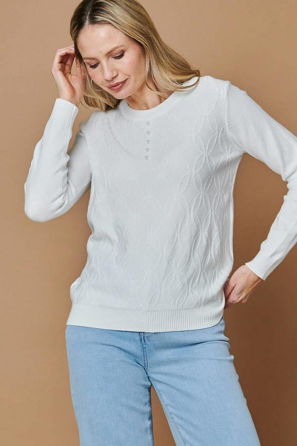 White | Pearl Detail Textured Long Sleeve Top