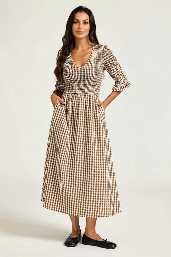 FS Collection Check Print V Neck Half Sleeve Midi Dress In Brown