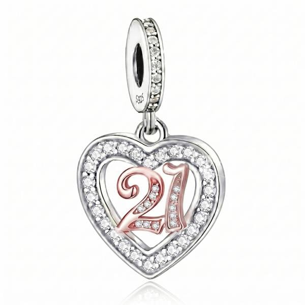 21st Birthday Charm Pandora Compatible 925 Sterling Silver Dangle, Heart Gift for Daughter Bracelet
