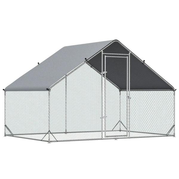 Galvanized wire mesh chicken coop with grey roof cover and front double door