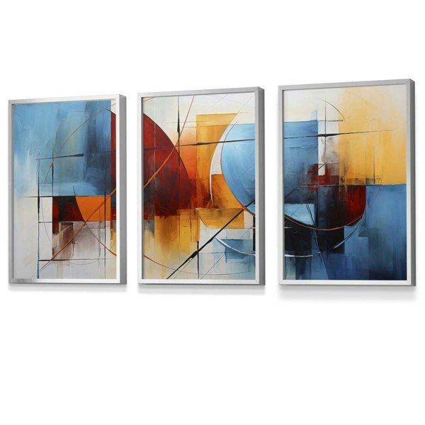 Artze Wall Art Set of 3 Abstract Colourful Blue and Red Framed Art Prints