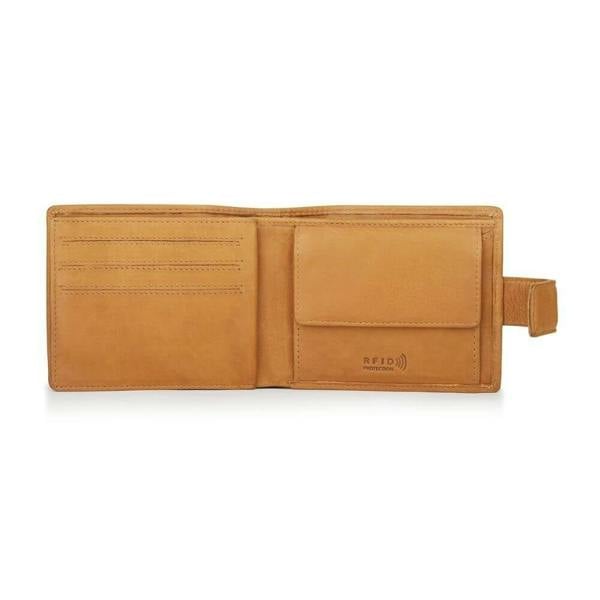 Open view of Cognac leather wallet with open design on a white background