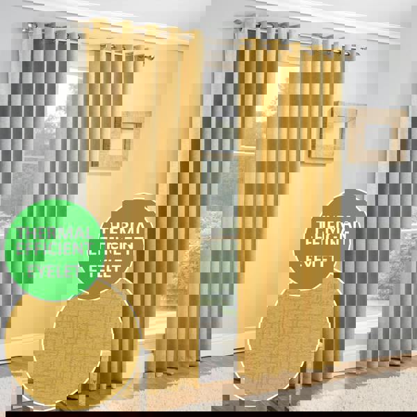 Enhanced Living Ochre Plain Textured Thermal Room Darkening Energy Saving Pair of Curtains For Bedroom & Living Room