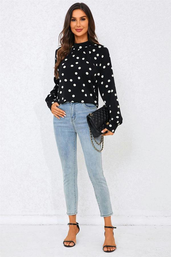 FS Collection Black Dot Print Halter Neck Blouse Top In Black