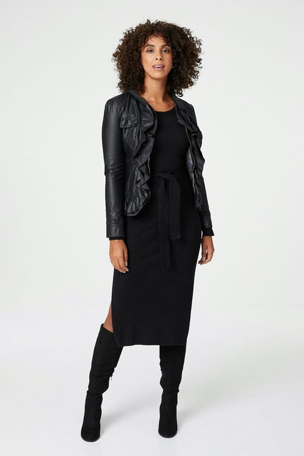 Black | Frilled Front Faux Leather Jacket