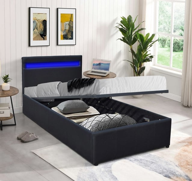 Comfy Living Prado Faux Leather Gas Lift Ottoman Bedframe With LED Strip