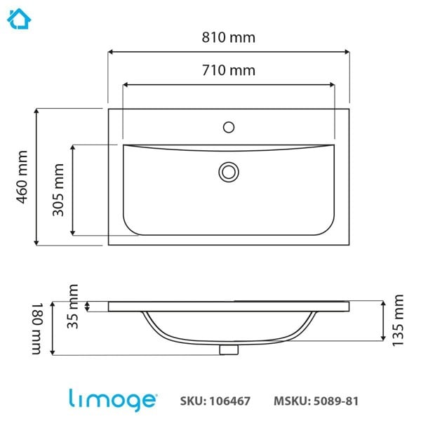 Limoge 5089 Ceramic 81cm Thin-Edge Inset Basin with Dipped Bowl