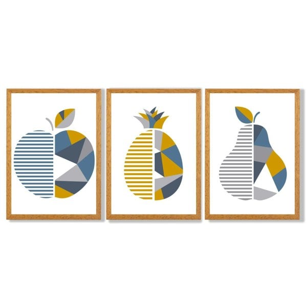 Artze Wall Art Set of 3 Blue & Yellow Geometric Fruit Framed Prints