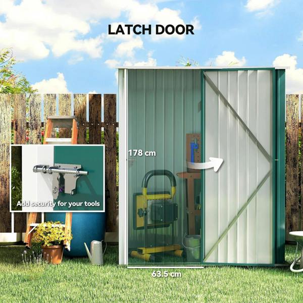 Green corrugated steel shed with latched door and security lock inset