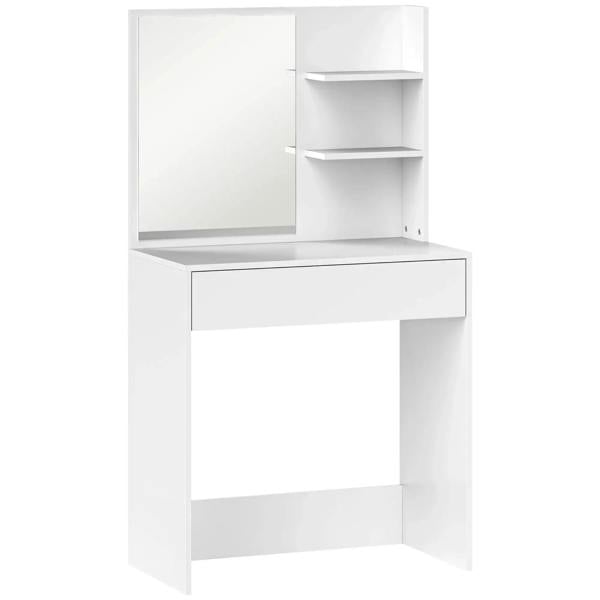 White dressing table with mirror, open shelves, and center drawer