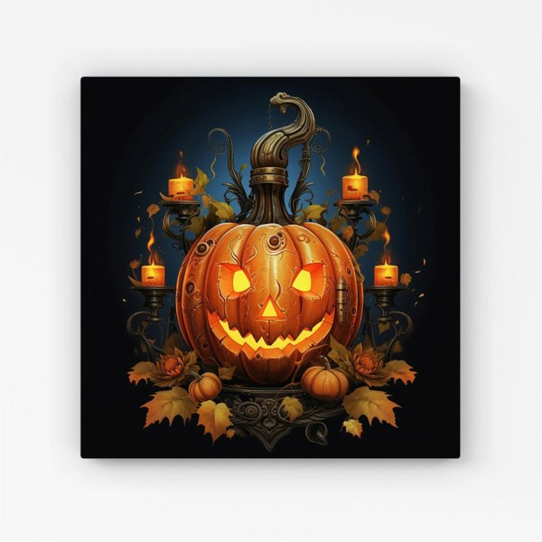 Warren Reed Spooy Pumpkin With Leaves And Small Candles Canvas