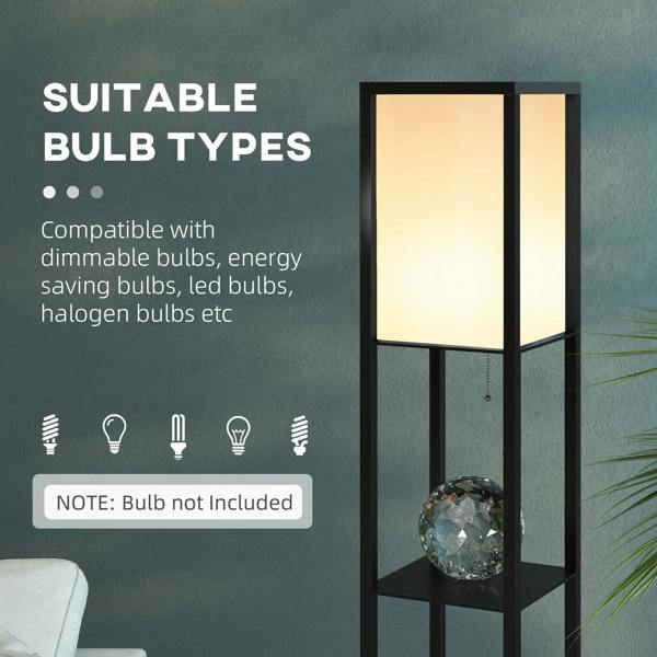 Black floor lamp with lit top panels and middle shelf display