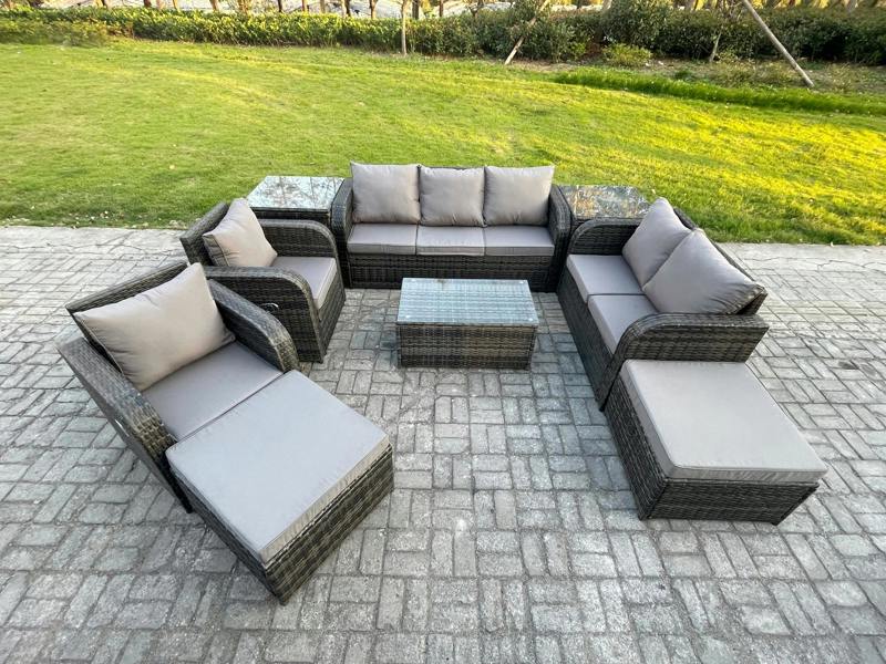Fimous 9 Seater Outdoor Lounge Set, Wicker, Coffee Table, Reclining Chair, Loveseat Sofa, 2 Side Tables and 3 Footstools, Dark Grey Mixed
