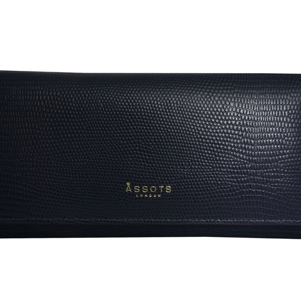 Assots London 'CLAIRE' Navy Lizard Designer Leather Flap Over Purse