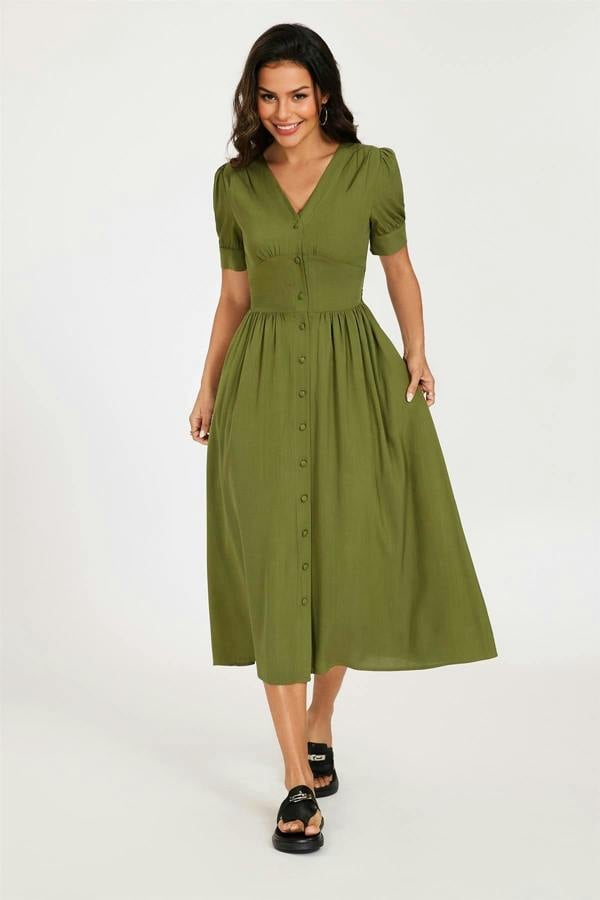 FS Collection Button Front Short Sleeve Midi Dress In Khaki Green
