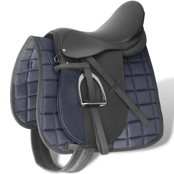 Berkfield Horse Riding Saddle Set 16" Real Leather Black 14 cm 5-in-1
