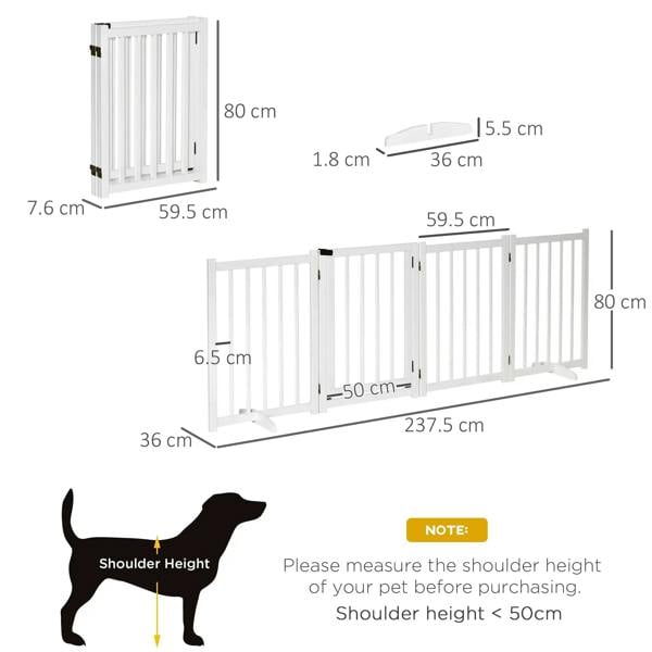 White 4-panel wooden pet gate with height 80 cm, labeled dimensions