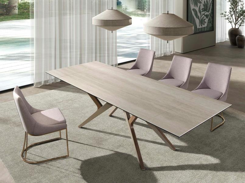 Angel Cerdá Rectangular extending dining table in porcelain marble, metallic sand steel and walnut 1155
