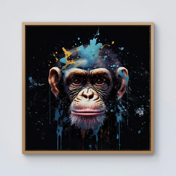 Warren Reed Monkey Face Splash Art with Blue Framed Canvas