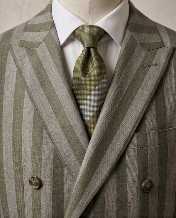 A close-up of a men's double-breasted suit jacket on a dress form, featuring vertical stripes in olive green and gray. The jacket is styled with a white dress shirt and a matching olive green patterned tie.