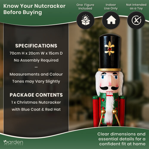 Large 70cm Christmas Nutcracker Figure in Red Coat & Black Hat, Traditional Indoor Festive Decoration, Matching Style Available