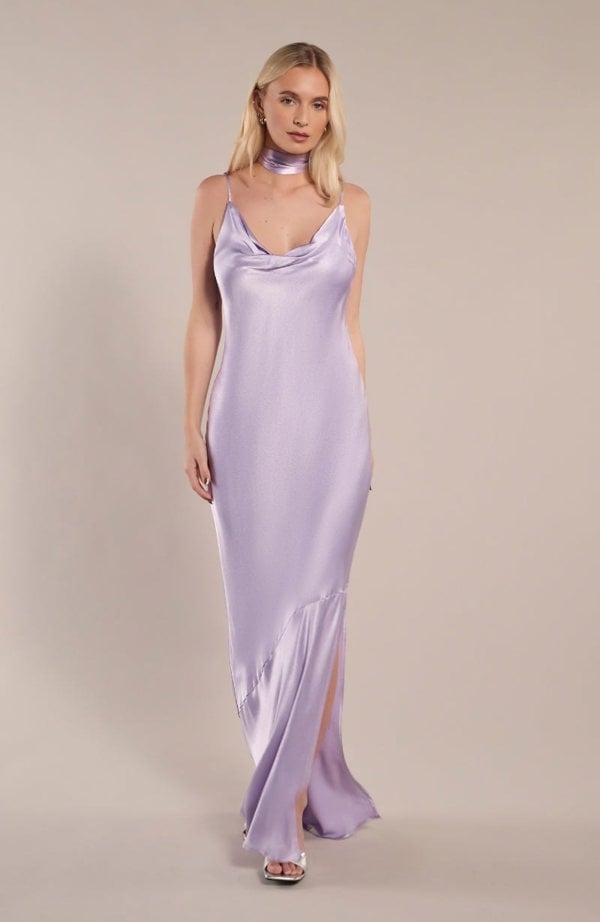 Rewritten London Pollenca Bridesmaid Dress in Lilac Satin