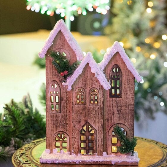 Shatchi 35cm Wooden Snow-Covered Cottage House with Warm White LED Lights for Indoor Christmas Display