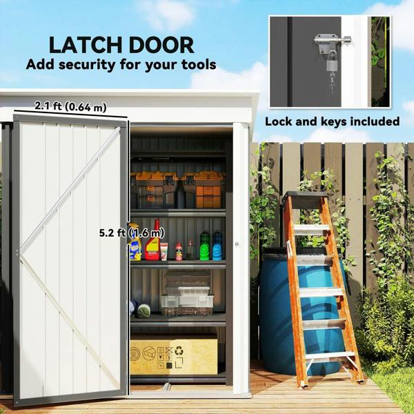 Metal garden shed with latched door open, lock and multiple interior shelves