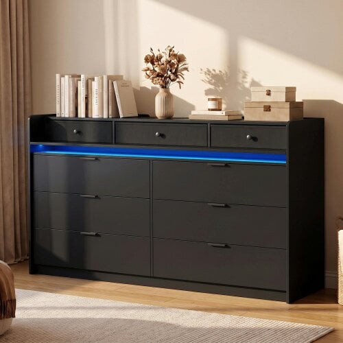HOMCOM Chest of Drawers for Bedroom with LED Light & Charging Station, Black