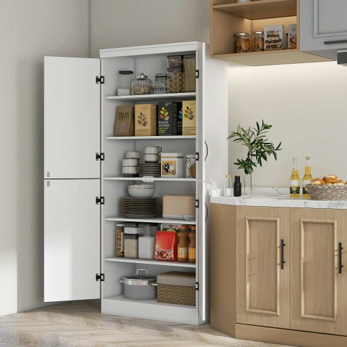 Wyld Haus Nahado Wooden White 4 Door Tall Kitchen Cupboard With 6 Tier Storage And Adjustable Shelves