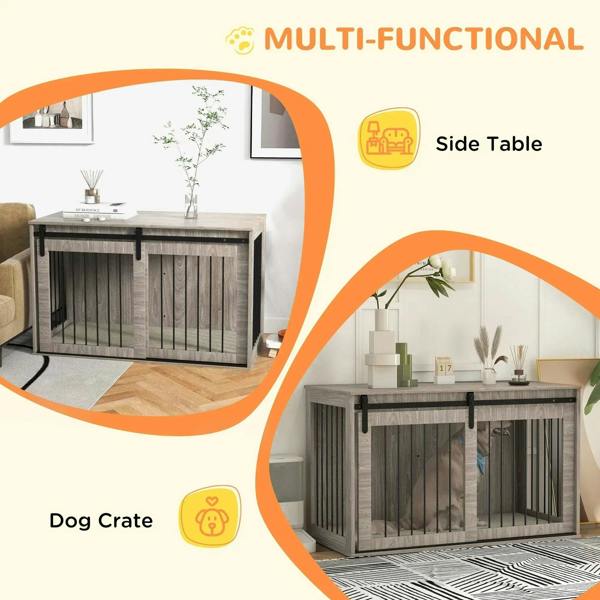 Walnut-brown dog crate furniture with flat top surface and slatted front side panels