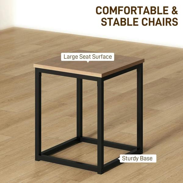 Square stool with brown seat and black metal frame, sturdy base for dining set