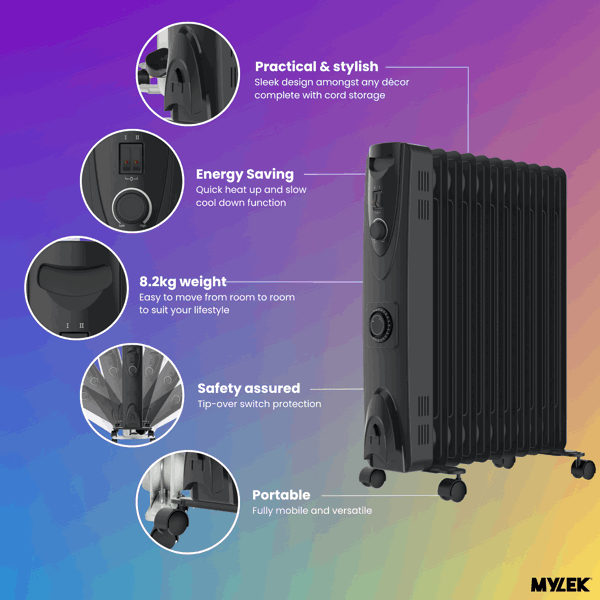 MYLEK Oil Filled Radiator 2000w Portable Heater Thermostat 24 Hour Timer Grey