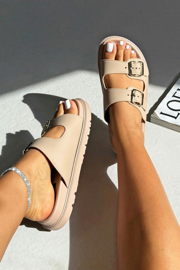 Love Lemonade Comfort Everyday Off-Duty Buckle Sliders Mocha