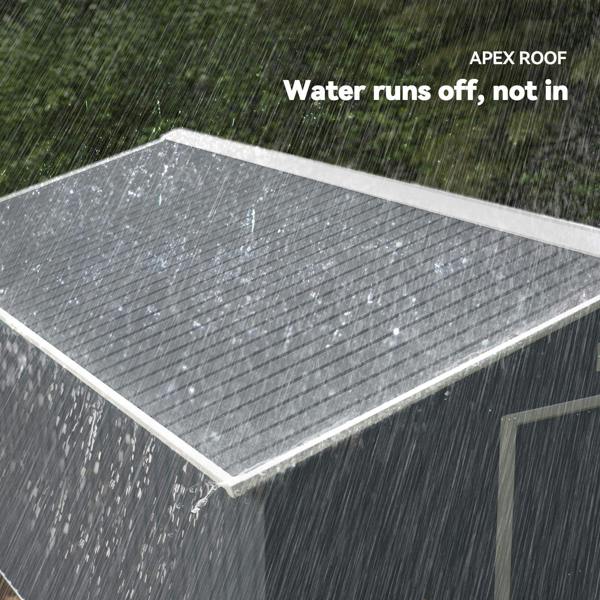 Grey metal shed roof with water-shedding apex design and visible rain droplets