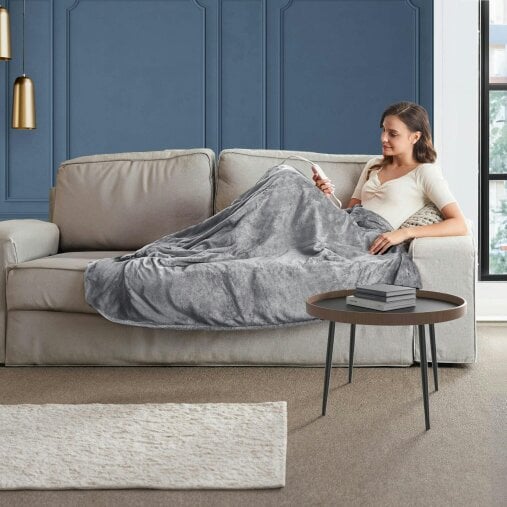 Neo Grey Electric Heated Throw Over Reversible Blanket