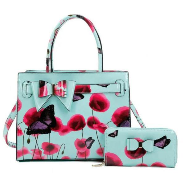 Stylex Accessories Patent Poppy and Butterflies Handbag & Purse Set