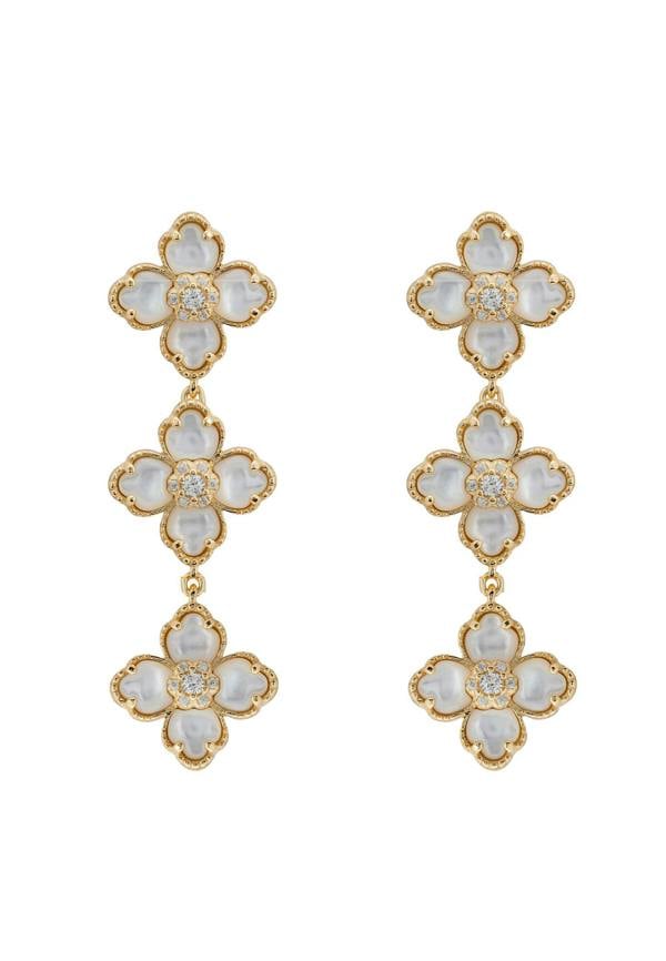 Gold and white floral earrings on a white background