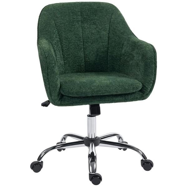 Dark green flannel office chair with curved arms, padded seat, and swivel base with wheels