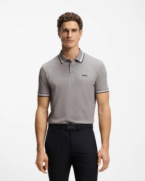 BOSS Green Paddy Mens Cotton-Piqué Polo Shirt with Contrast Logo - Open Grey 068