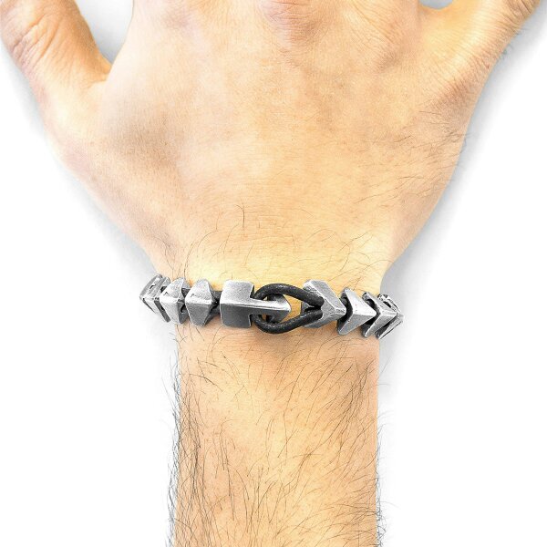 Anchor & Crew Raven Black Brixham Maxi Silver and Round Leather Bracelet