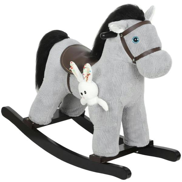 Grey plush rocking horse ride-on toy with handle, blue eyes, and hanging bunny doll
